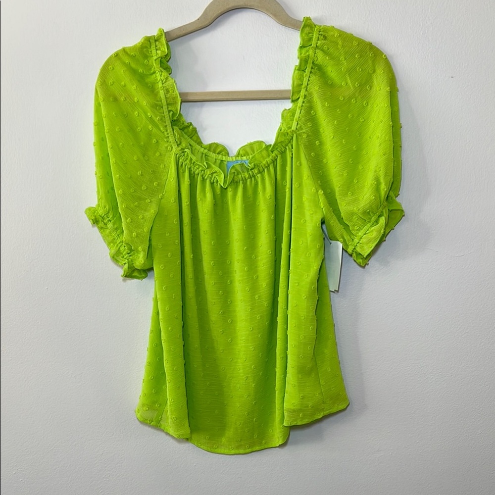 CeCe Green Puff Sleeve Ruffled Blouse